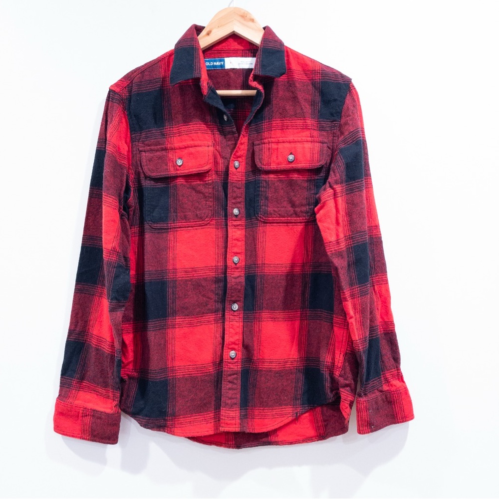 Old Navy Red & Black Double Brushed Plaid Flannel Shirt Cabincore Men's Small